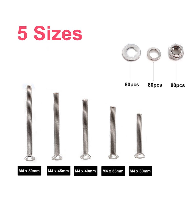 cSeao M3 M4 M5 M6 Countersunk Flat Phillips Machine Screws Hex Nut Flat Washers Spring Washers Assortment Kit 304 Stainless Steel (340pcs M4 x 30/35 / 40/45 / 50mm) - Image 3